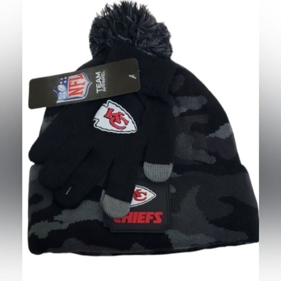 NEW CHIEFS CAMO HAT & GLOVES MEN'S SET KANSAS CITY NFL BLACK GRAY MAHOMES NWT - Picture 1 of 6